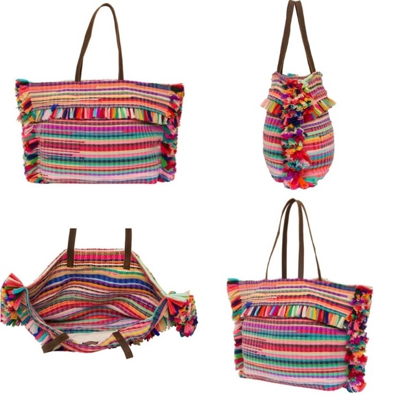 New Oversized Boho Tassel Muli-Color Travel Tote Bag - Picture 3 of 6